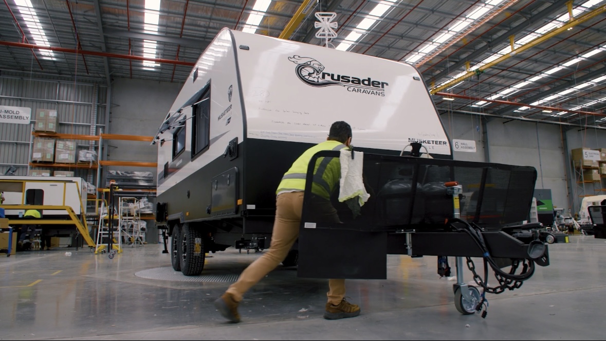 Caravan on a factory floor during manufacturing